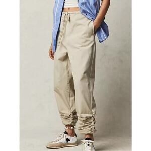 Free People Womens Parachute Pants Summer Khaki Cotton Pockets Ruched Ankle NWT